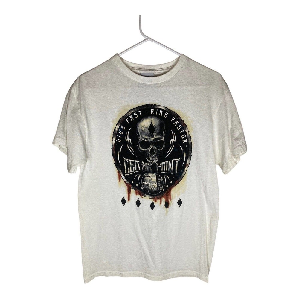 Cedar Fair Point Roller Coaster Men’s T-shirt Size Medium White Skull Graphic